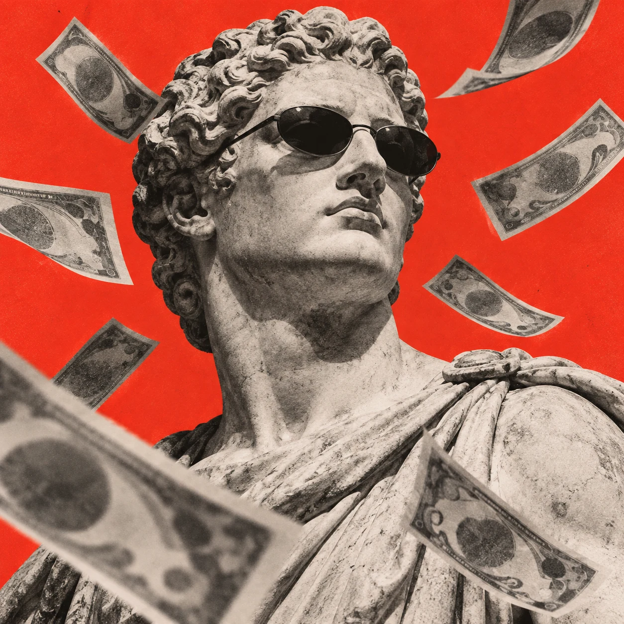 A classical marble statue in sunglasses surrounded by flying banknotes on a red background